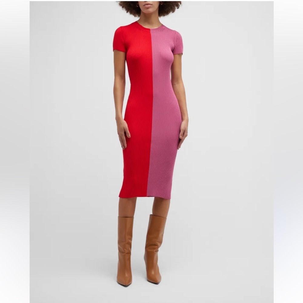 STAUD Red and Pink Ribbed Colorblock Midi Dress